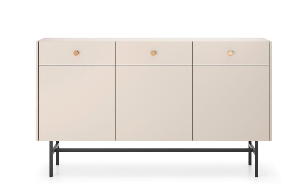 Kommode Beige 155 cm Diva – 3 Schubladen & 3 Schränke, goldfarbene Griffe, Metallfüße