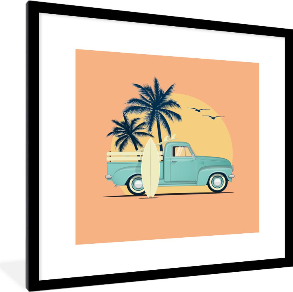 MuchoWow MuchoWow Gerahmtes Poster Auto - Surfbrett - Palme - Pastell 40x40 cm - Poster mit zchwarzem Bilderrahmen - Poster - Plakat im Rahmen