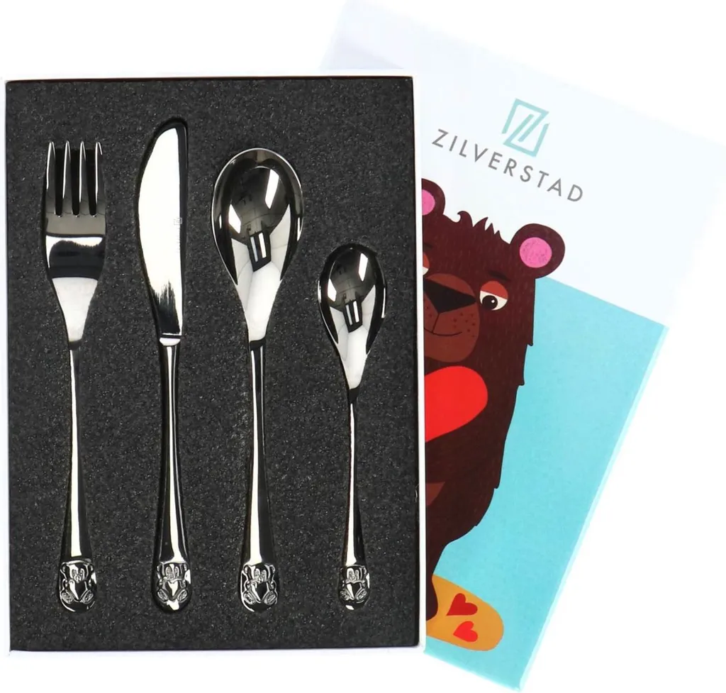 Set Posate Bambini Orsetto con Cuore 4 Pezzi in Acciaio Inox