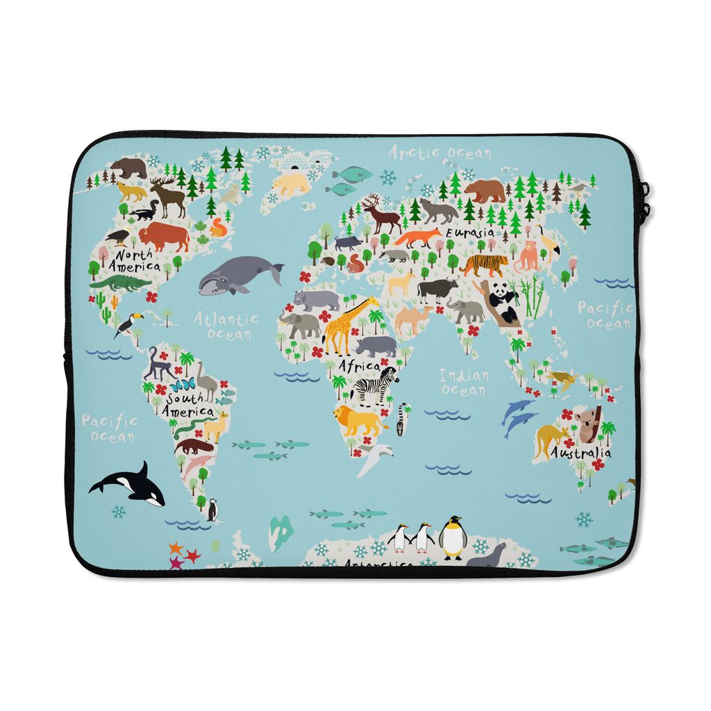 MuchoWow Laptop Hülle 17 Zoll Laptoptasche Weltkarte - Kinder - Tiere - Blau - Orca - Wal - Zipper - Schutzabdeckung