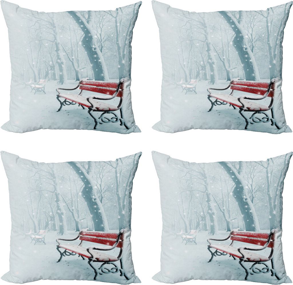 ABAKUHAUS Wald Kissenbezug Set (4 Stück), Snowy Bench Misty Pfad, Moderner Doppelseitiger Digitaldruck, 45 cm x 45 cm, Weiß