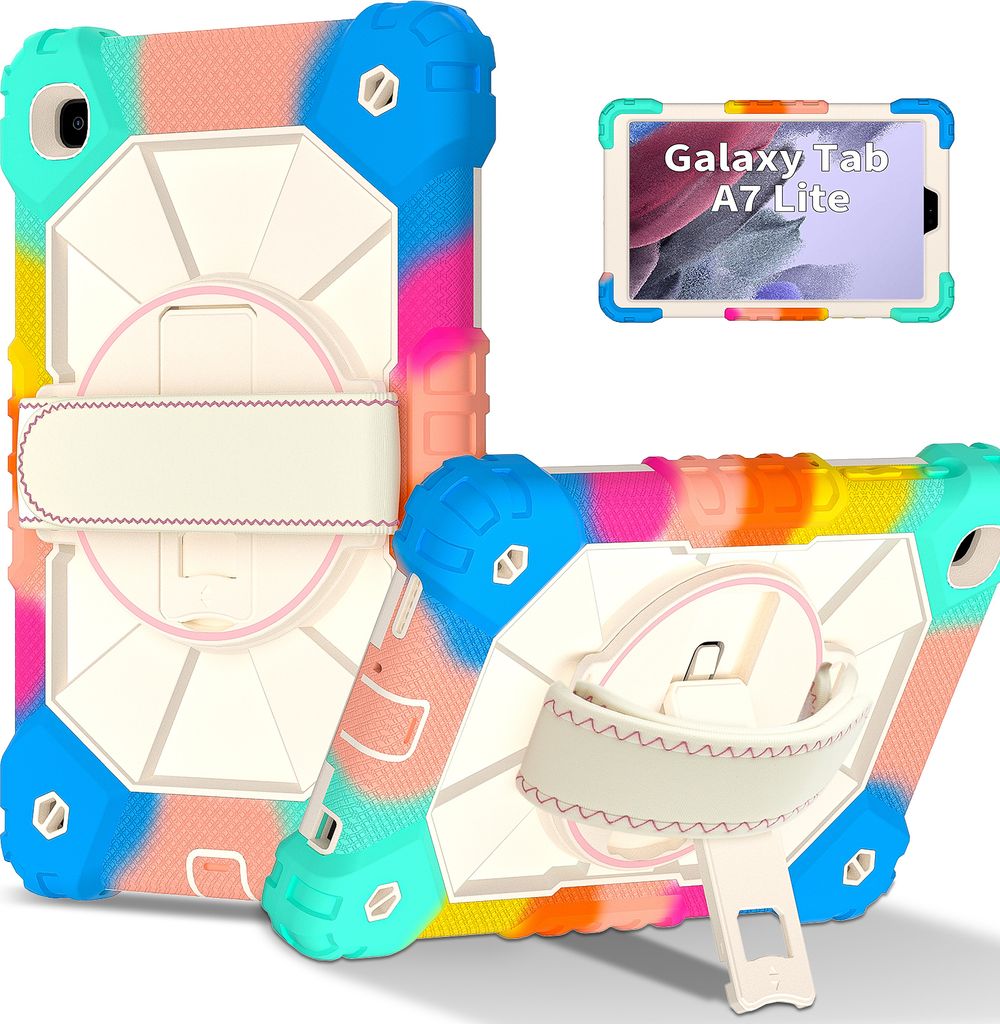 Hülle für Samsung Galaxy Tab A7 Lite 8,7" 2021 SM-T220/T225/T227 Tablette Schutzhülle Stoßfeste mit 360 Drehbarer Handschlaufe/Ständer Bunt Pink