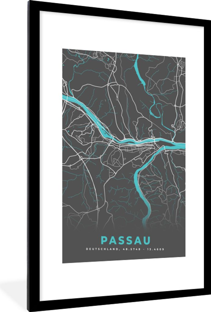 MuchoWow Gerahmtes Poster Stadtplan - Passau - Deutschland - Karte 60x90 cm - Poster mit Schwarzem Bilderrahmen Wandposter Rahmen Foto Bilder - D...