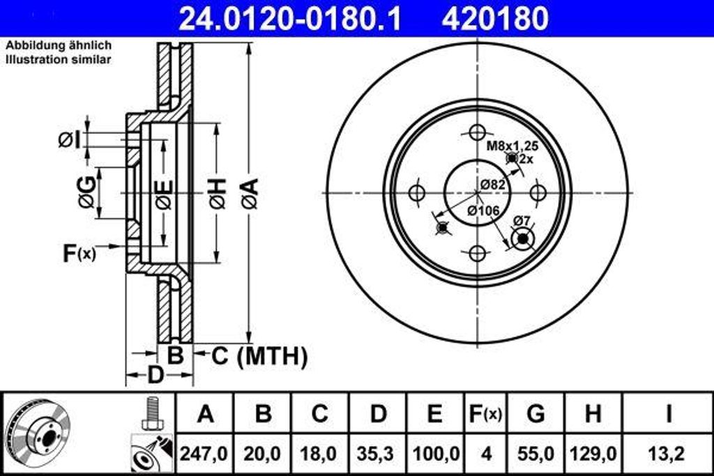 ATE 24.0120-0180.1 Bremsscheibe OE 424955 kompatibel mit C1, 108, Aygo
