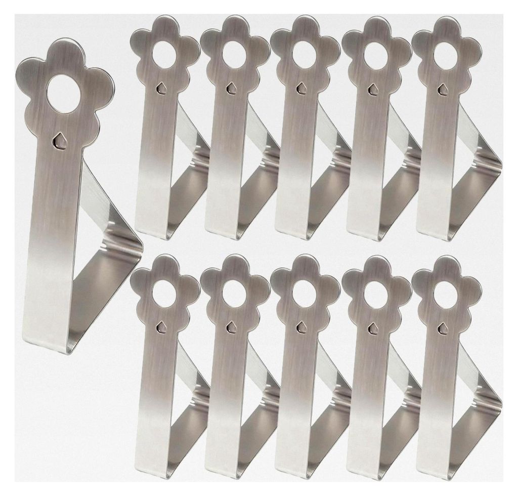 10 Stück Tischdeckenklammern mit Blumendesign aus Edelstahl, Silber, für Tische mit einer Dicke von 2,5 bis 3,5 cm, geeignet für Outdoor-Zelte, ...