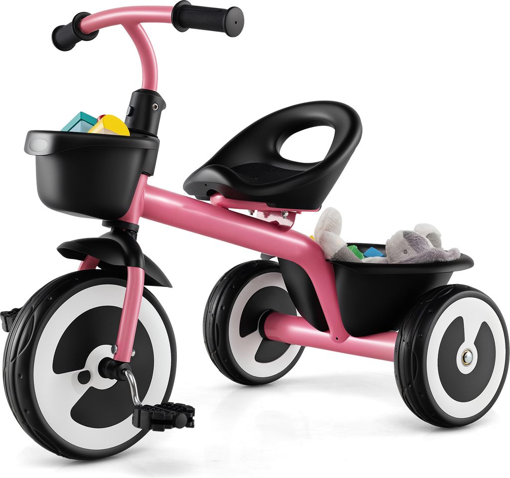 COSTWAY Laufrad Laufräder mit verstellbarem Sitz & 2 Körben vorne & hinten, 3-Rad Lauffahrrad Carbon-Eisenrahmen, Dreirad für Kinder ab 1 Jahr Rosa