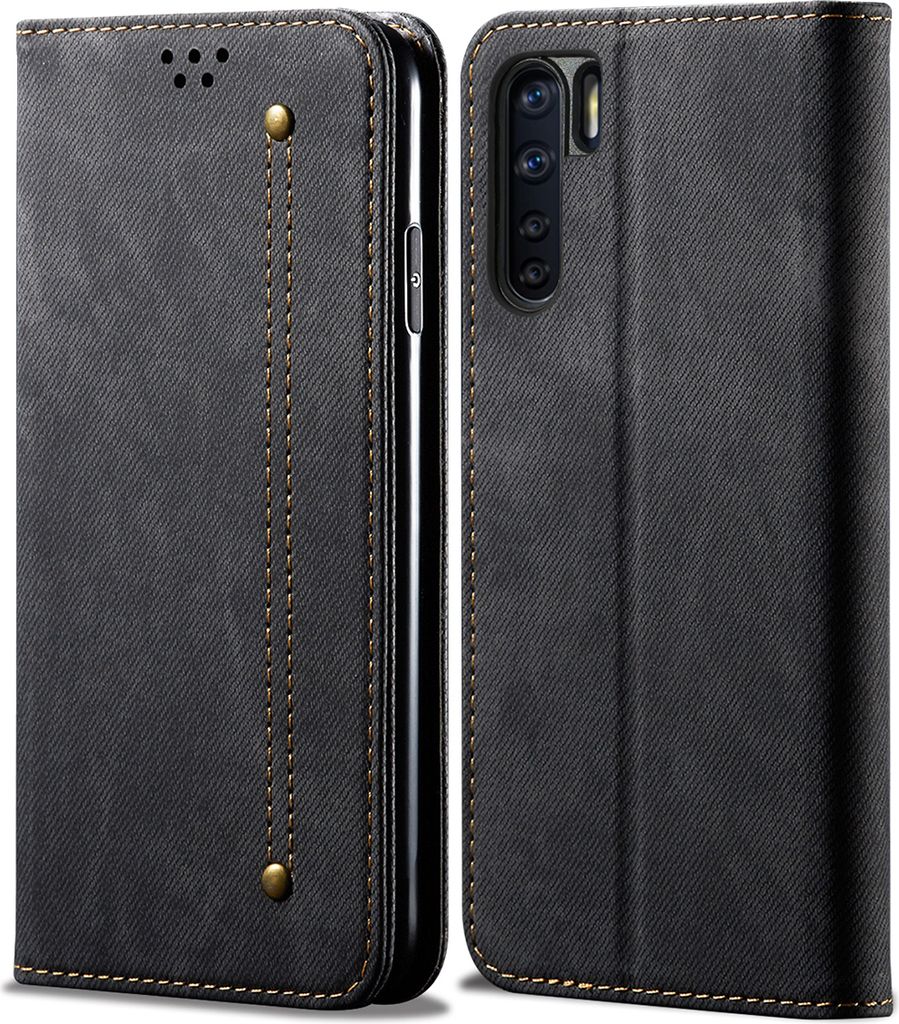 OPPO A91 Hülle, LaimTop Denim Leder Brieftasche Magnetverschluss Flip Bookstyle Schutzhülle mit Standfunktion für OPPO A91 OPPO A91 Schwarz
