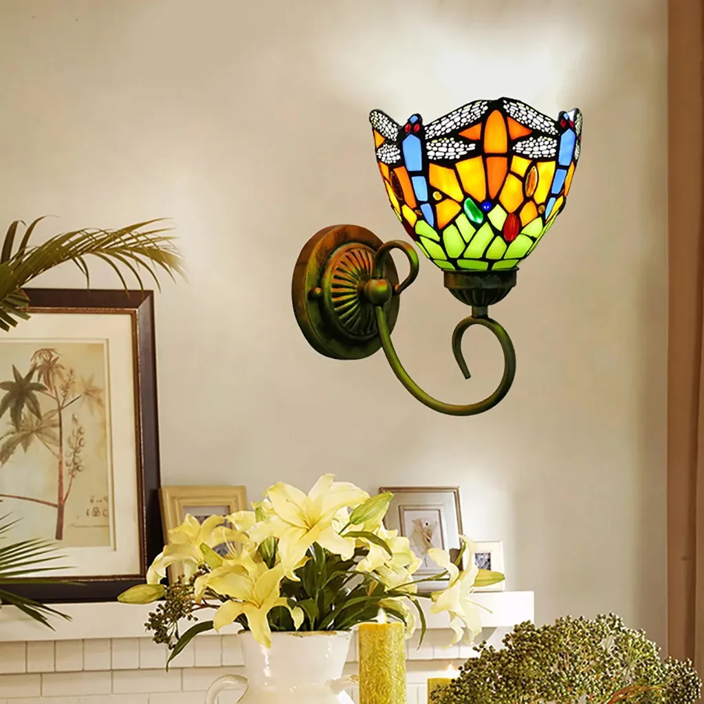 Applique Murale Libellule en Vitrail Douille E27 220V Style Tiffany
