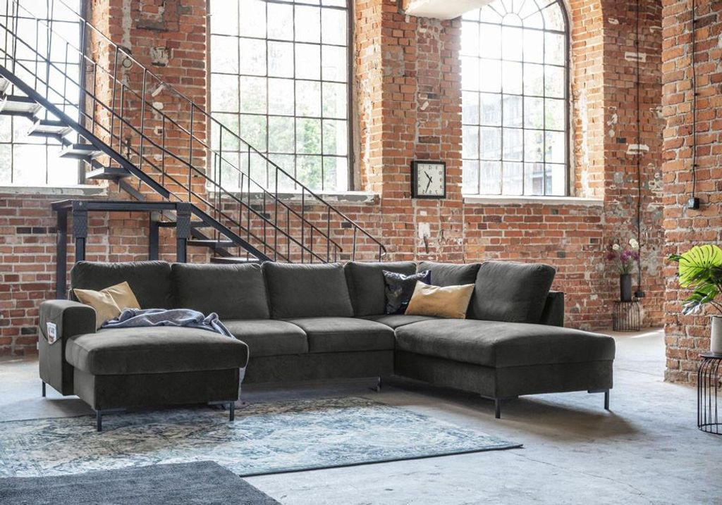 MIUFORM Lofty Lilly - Ecksofa mit Bettfunktion und Bettkasten U-FORM RECHTS - 303 x 197 cm - Velours Dunkelgrau - Sofa Schlafsofa Couch