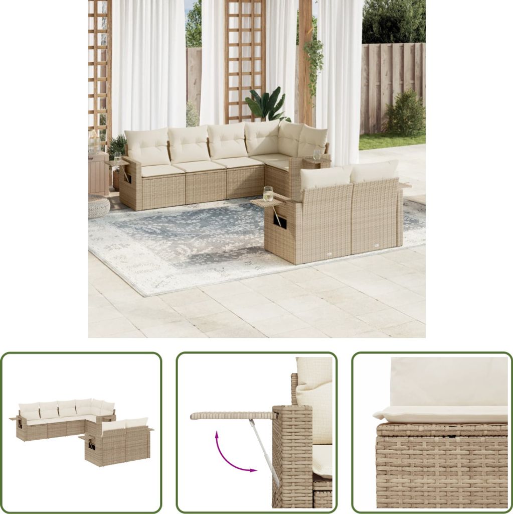 The Living Store 7-tlg. Garten-Sofagarnitur mit Kissen Beige Poly Rattan