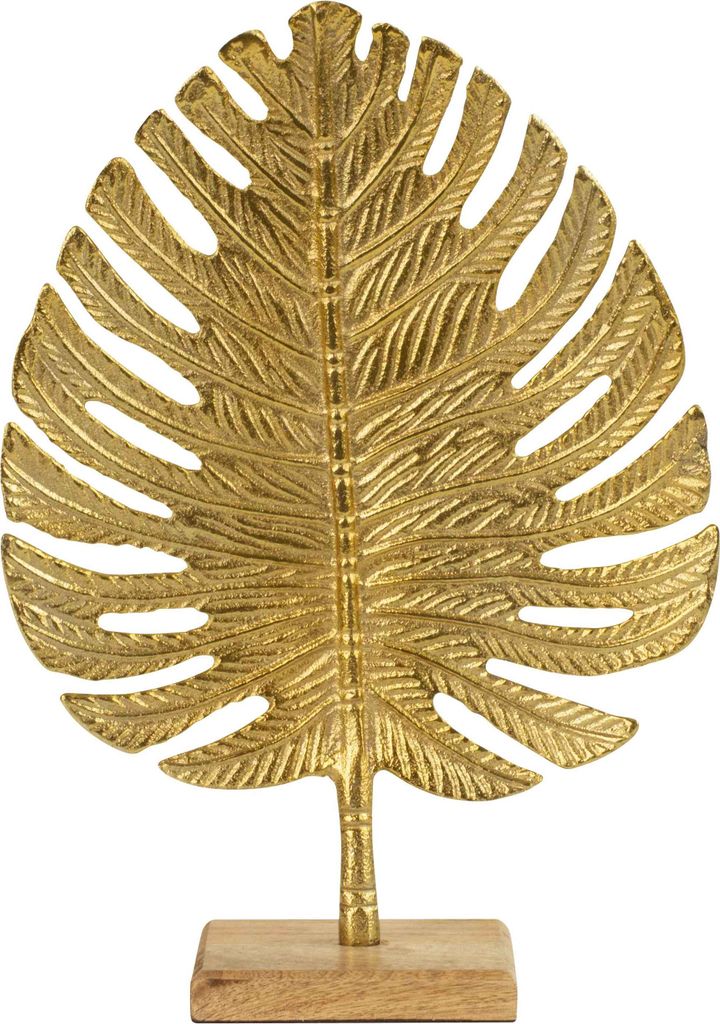 Skulptur Dekofigur Blatt aus Metall gold auf Holzsockel Produktbild 