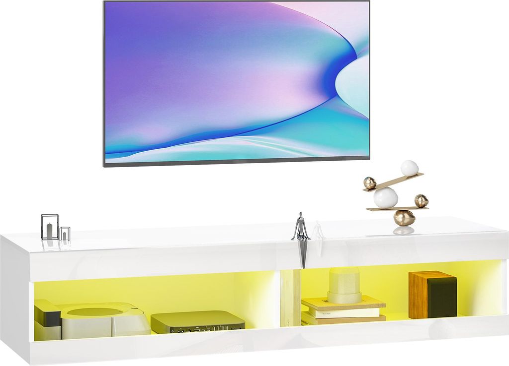 TV Schrank, Hängendes TV Lowboard mit RGB LED-Beleuchtung in 16 Farben, TV Ständer mit offenen Stauraum, für 55-60 Zoll Fernseher, für Wohnzimmer