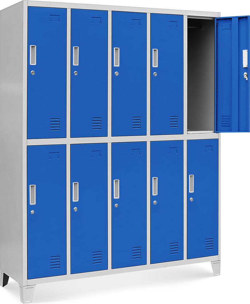 A metal locker unit with 10 blue doors.