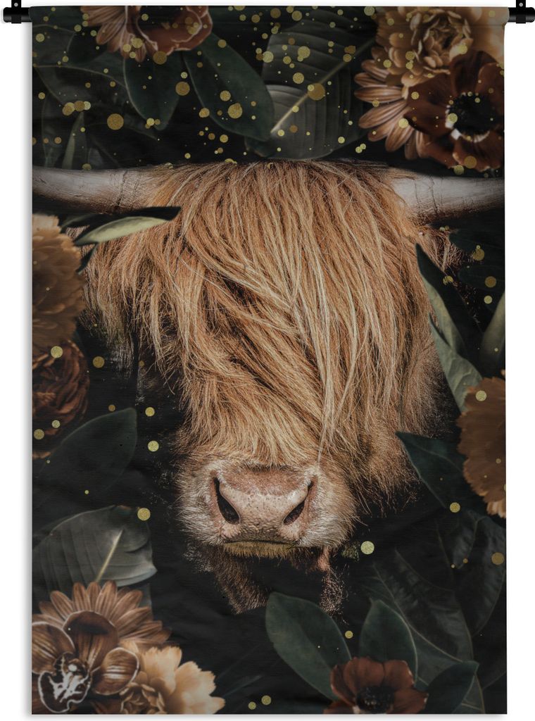 MuchoWow Wandteppich Wandbehang Schottischer Highlander - Tiere - Blumen 60x90 cm Tapisserie Dekoration Wandtuch - Foto-Teppich - Abwaschbar
