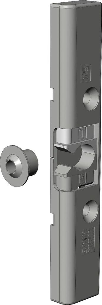 A gray metal door latch and a gray metal spacer are shown against a white background.