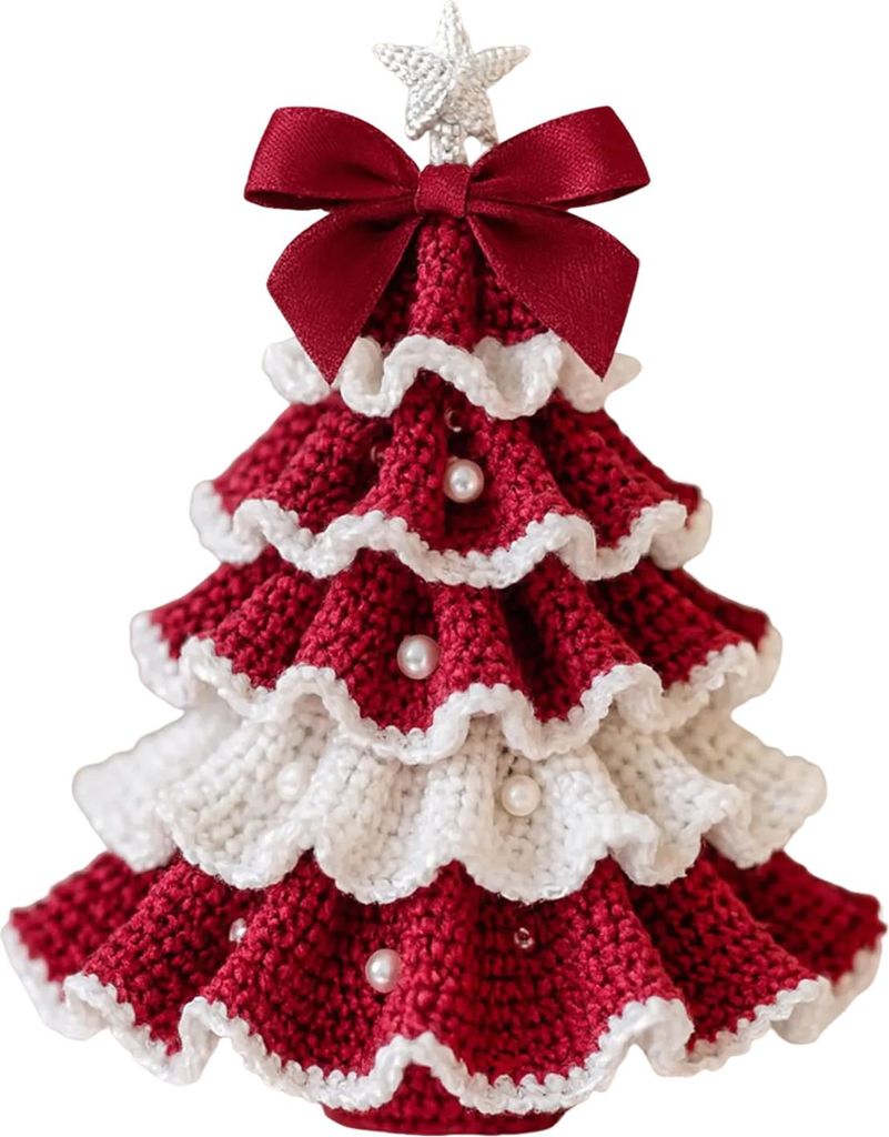 Handgemachter gehäkelter Weihnachtsbaum, DIY-Häkel-Weihnachtsbaum-Set mit Schleife, Kunstperlen-Dekor, Weihnachtsbastel-Starter-Set für Anfänger