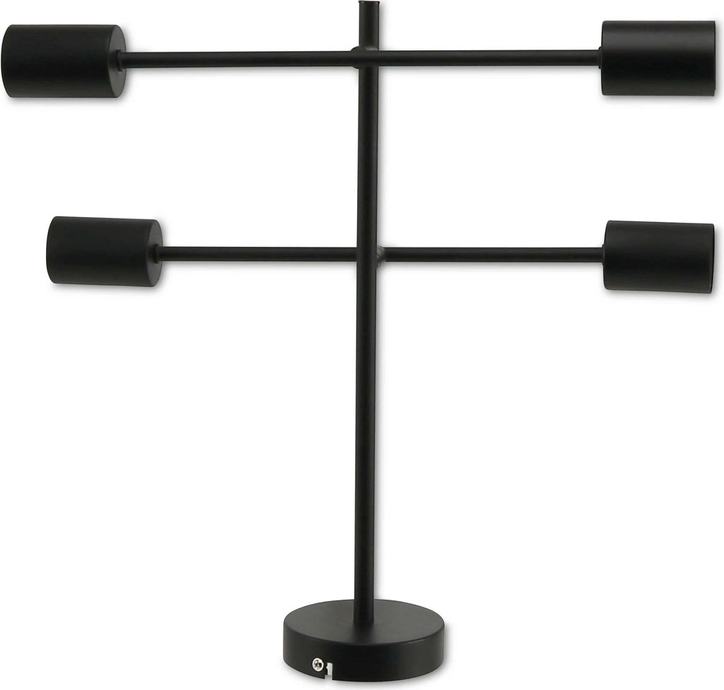 A black desk lamp with four adjustable lights.