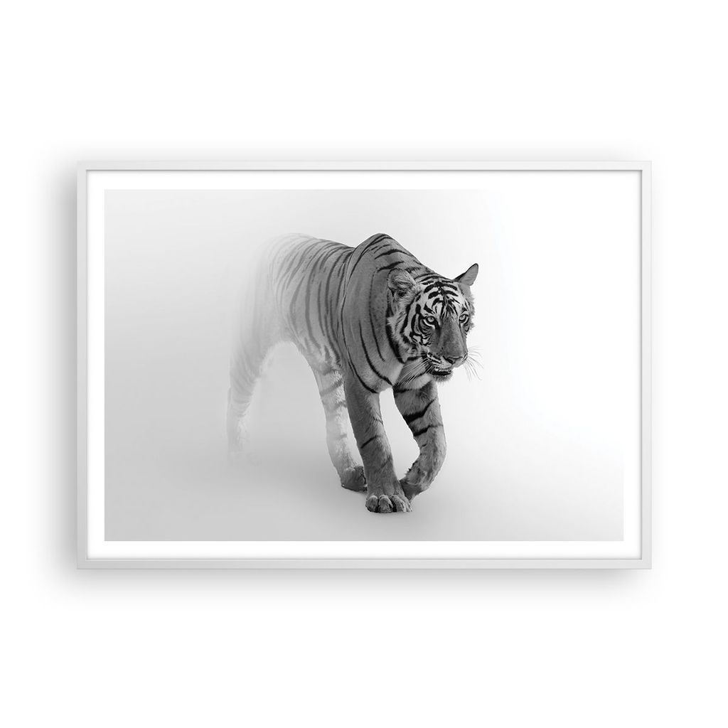 Gerahmtes Poster - Weißer Rahmen - Tiger Monochrom Porträt - 100x70 cm - Wand Bild - Wanddeko - Wandbilder - Kunstposter - Wandposter - Bilderrah...