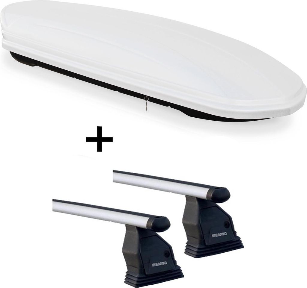 Dachbox VDPMAA460 weiss abschließbar 460Ltr + Dachträger Menabo Tema kompatibel mit für Mercedes B-Klasse W246 (Schrägheck 5 Türer) ab 2012 Alu