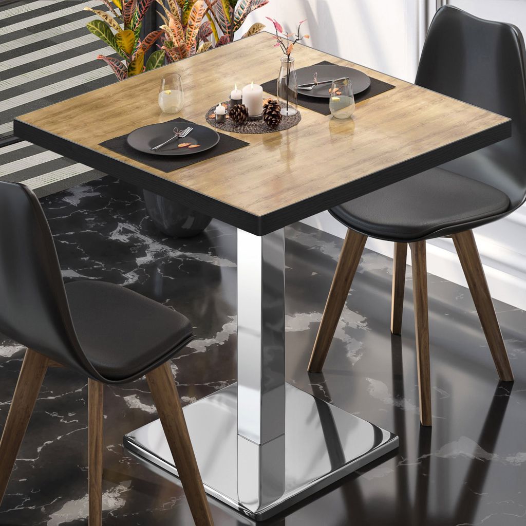 BM | Bistrotisch | B:T:H 60 x 60 x 75 cm | Eiche / Edelstahl | Quadratisch | Schwarzer Rand | Bistro Tisch Esstisch