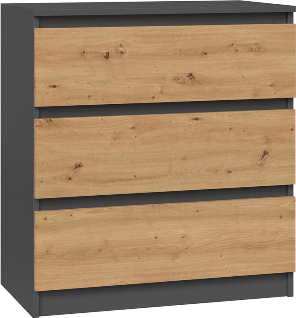 A chest of drawers with three drawers, featuring a dark gray frame and light wood-effect drawer fronts.