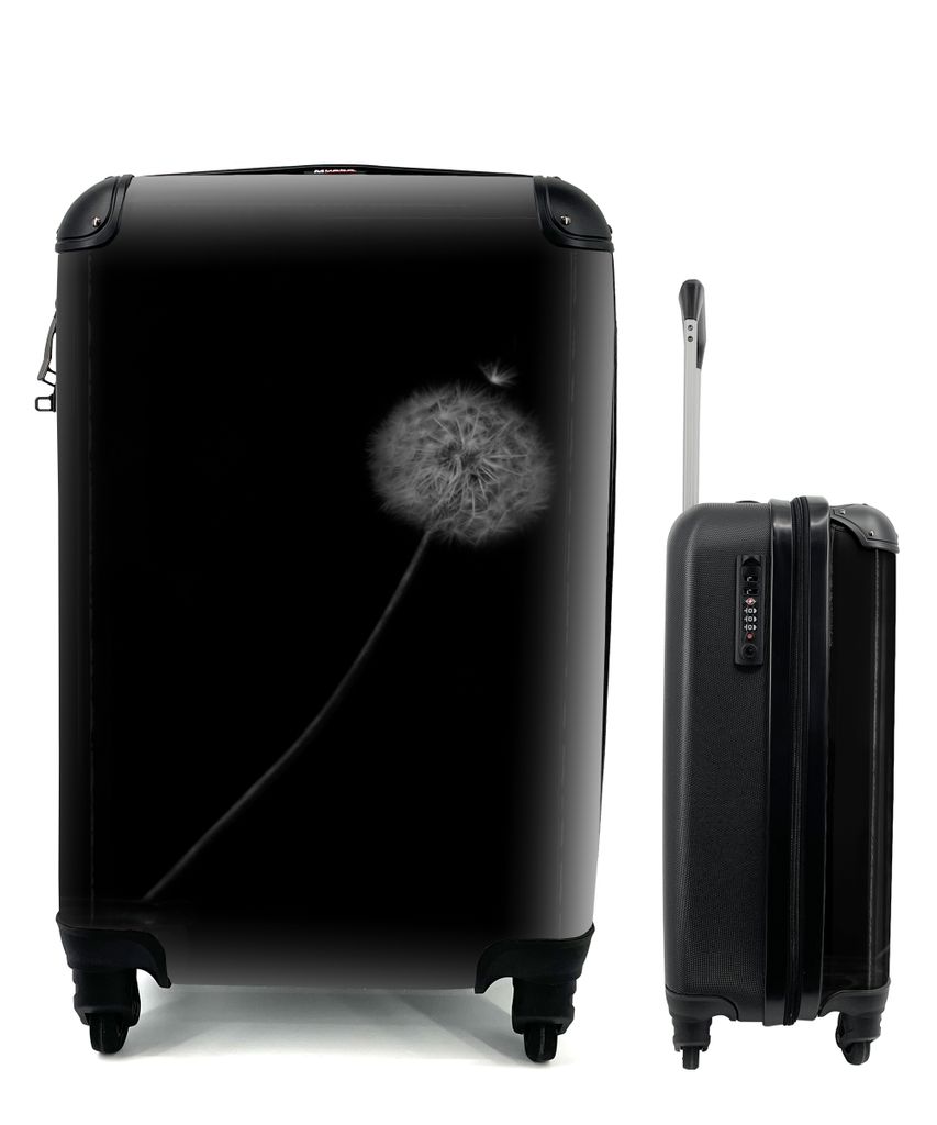 MuchoWow Koffer Handgepäck Trolley Rollkoffer Kleine Reisekoffer mit 4 Rollen - Blumen - Löwenzahn - Samen - Schwarz - Weiß - Cabin Size < 55x...