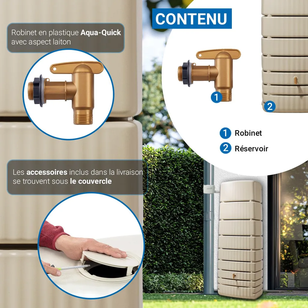 Récupérateur d'eau de pluie 650L SLIM sable 4rain avec robinet chic
