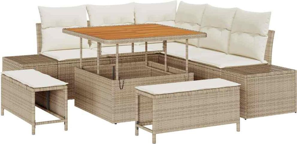 vidaXL Gartensofa-set mit Kissen mit Speicher 8 pcs Beige Poly Rattan