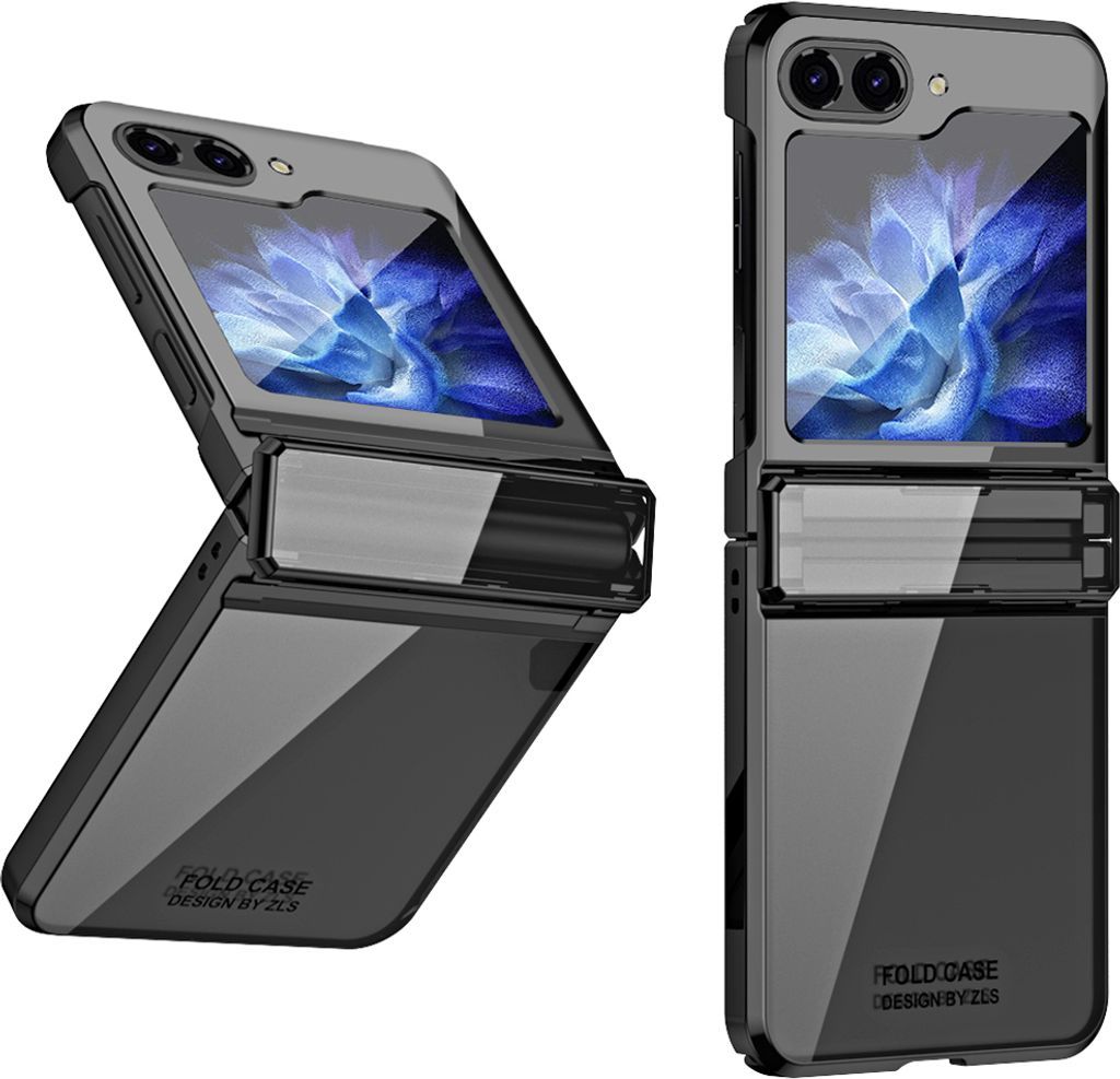 Two views of a black phone case for a foldable phone, shown from different angles.