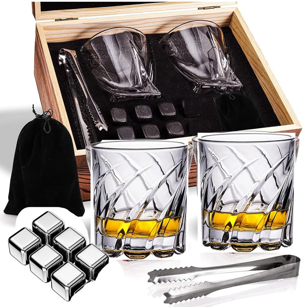 Whisky Steine Set mit 2 Gläsern in Holzkiste - Geschenkset für Männer & Zubehör