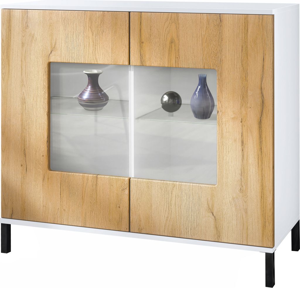 Vladon Kommode Grömitz V3, Moderner Küchenschrank mit 2 großen Glastüren inkl. RGB Beleuchtung Weiß matt / Eiche Natur (92,5 x 83.5 x 35)
