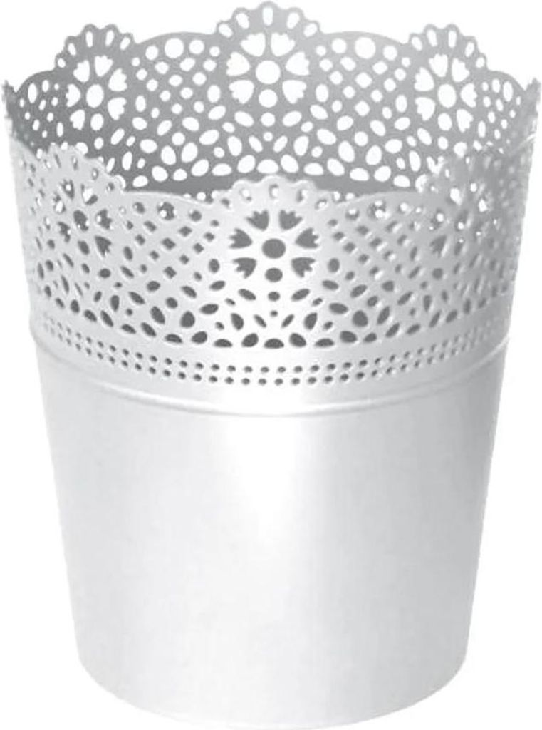 A white metal pot with a decorative lace-like pattern around the top edge, set against a white background.