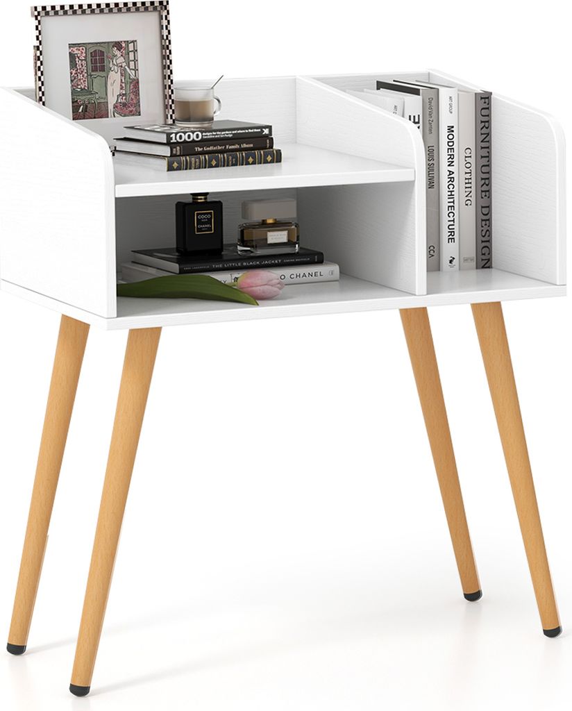 KOMFOTTEU Nachttisch mit offenen Regalen, Beistelltisch 50 x 32 x 58 cm mit Metallbeinen, schmaler Nachtkonsole für Schlafzimmer Wohnzimmer (1, We...