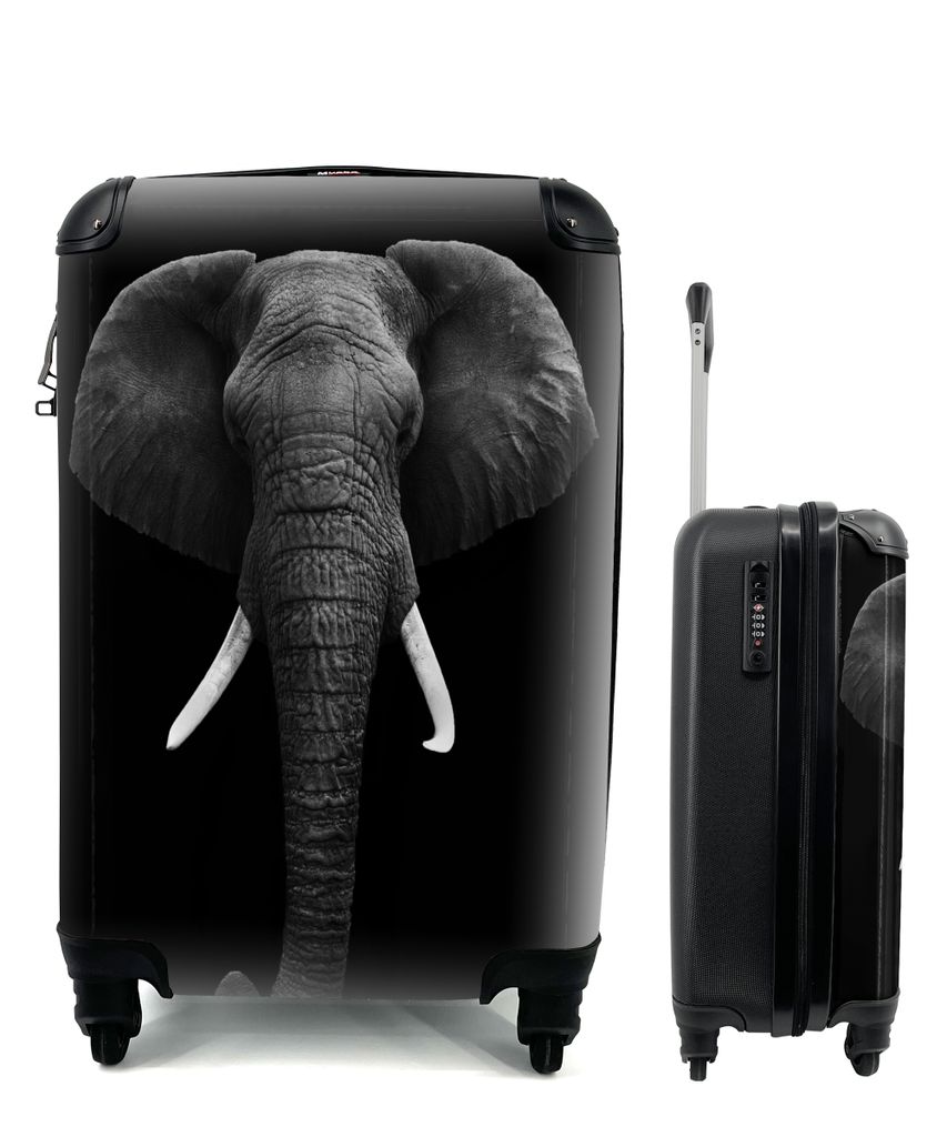 MuchoWow Koffer Handgepäck Trolley Rollkoffer Kleine Reisekoffer mit 4 Rollen - Elefant - Wildtiere - Schwarz - Weiß - Porträt - Cabin Size < ...