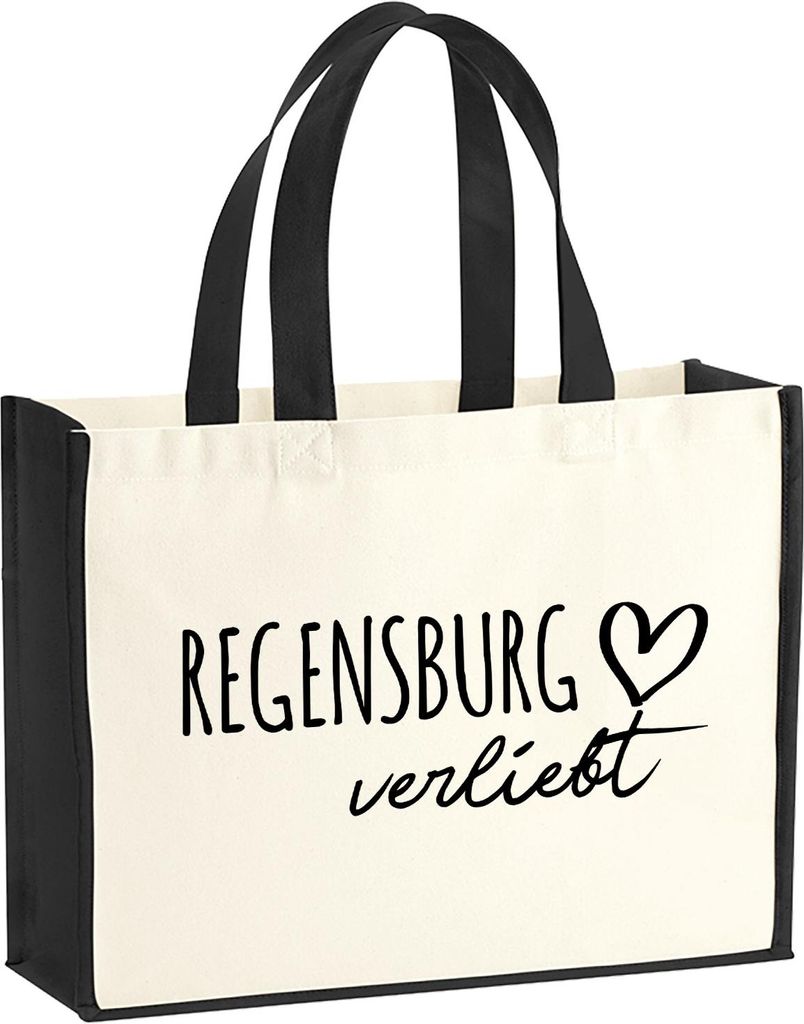 Huuraa Jutetasche Regensburg verliebt 21 Liter Black Jute und Baumwolle Einkaufstasche Geschenkidee