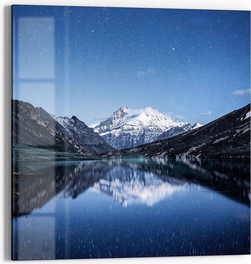 DEQOART Glasbild Echtglas 30x30 cm 'Sternennacht am Bergsee' Wandbild Bild modern Deko
