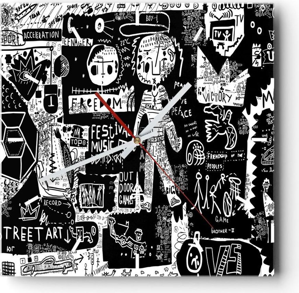 Wanduhr - Quadrat - Glasuhr - Graffiti modern - 40x40cm - Schleichendes Uhrwerk - Lautlos - zum Aufhängen bereit - Dekoration Modern - Wanddekorat...
