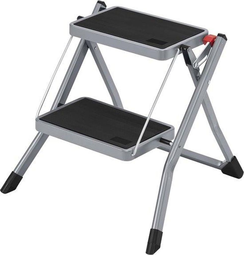 Famanu Stehleiter mit 2 Stufen - klappbar, rutschfest, mit Handgriff, 150 kg Tragkraft, grau