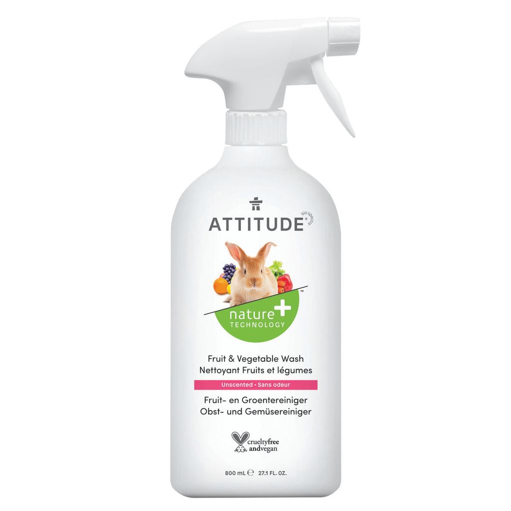 A white spray bottle of fruit and vegetable wash.