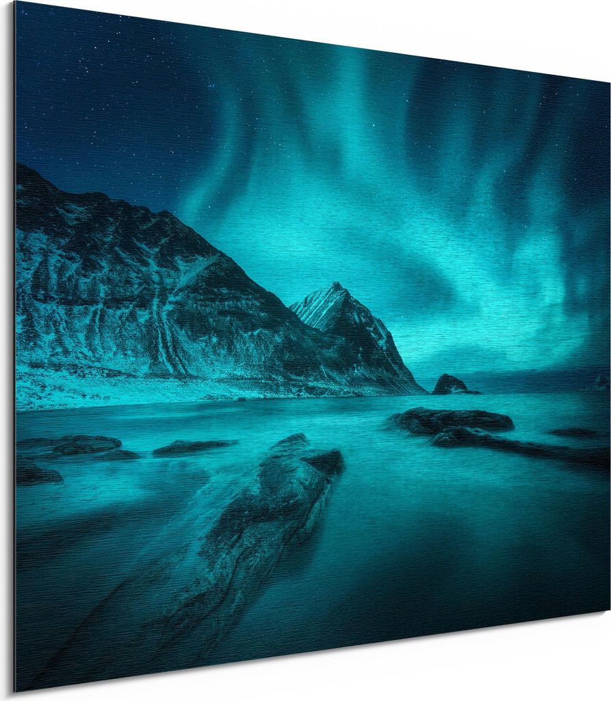 DEQORI Alu-Dibond Bild Silber 40x30 cm 'Polarlichter in Norwegen' Wandbild Metall dünn