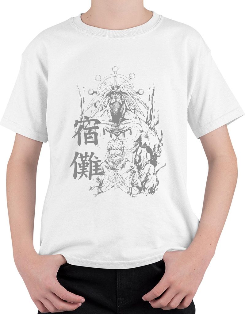 Jujutsu Kaisen Sukuna verflucht Dämon Flammen Rotaugen Anime Uni Kinder T-Shirt, Weiß, 140