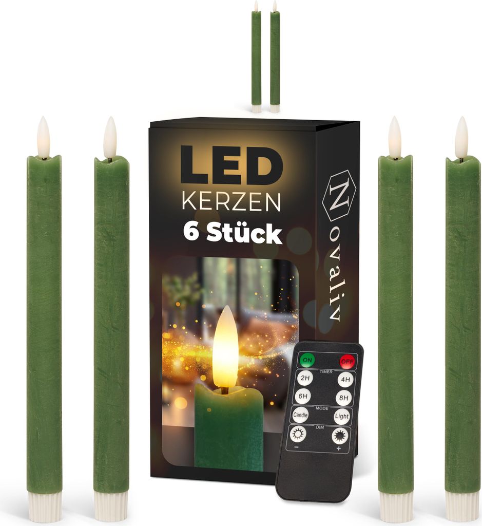 Stabkerzen LED mit Timer Grün 6 Stück indoor - 6 Stunden - ECHTWACHS 23cm Höhe für Kerzen 2,2cm Durchmesser 2 AAA Batterien notwendig LED Stabk...