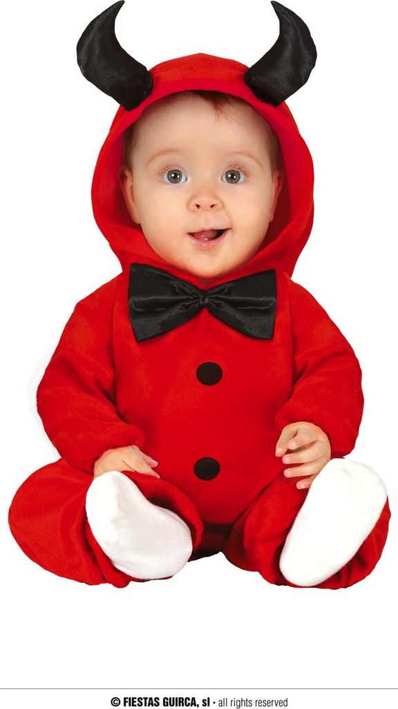 A baby wearing a red devil costume with black horns and a black bowtie, sitting and looking at the camera.