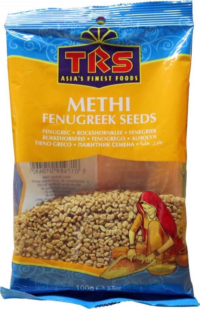 A bag of fenugreek seeds with branding and product information.
