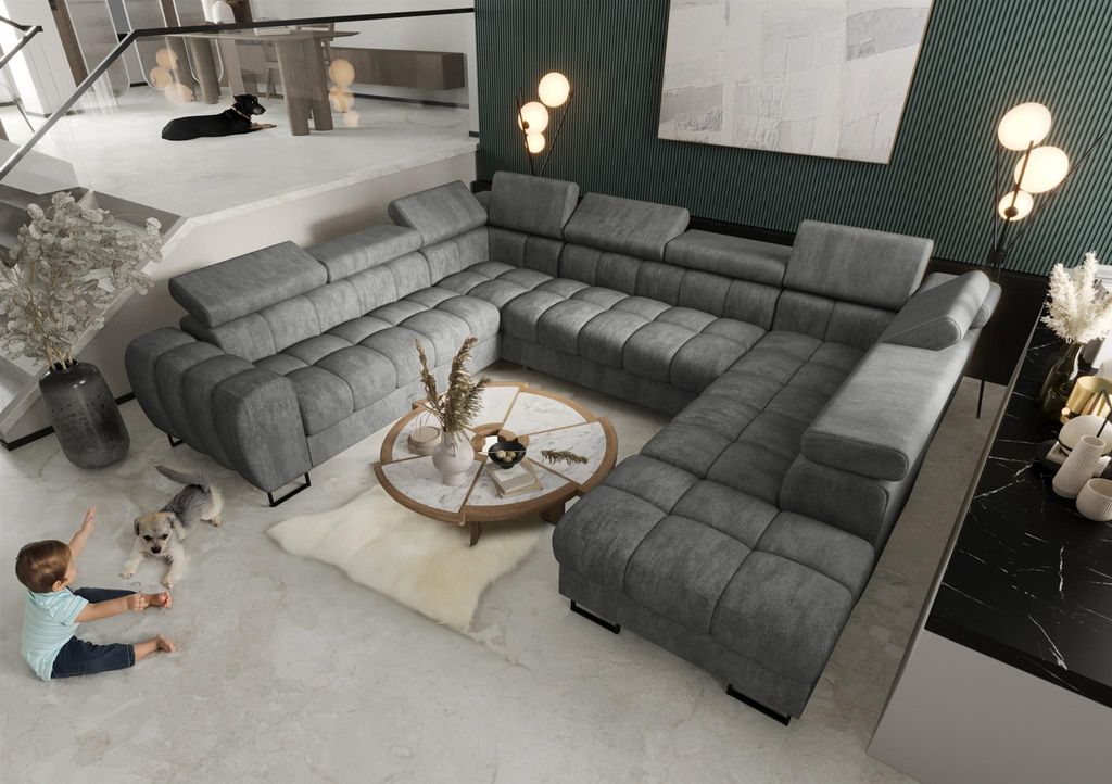 Wohnlandschaft Schlafsofa BASTIEN XL in Stoff Terra Grau Ottomane Rechts