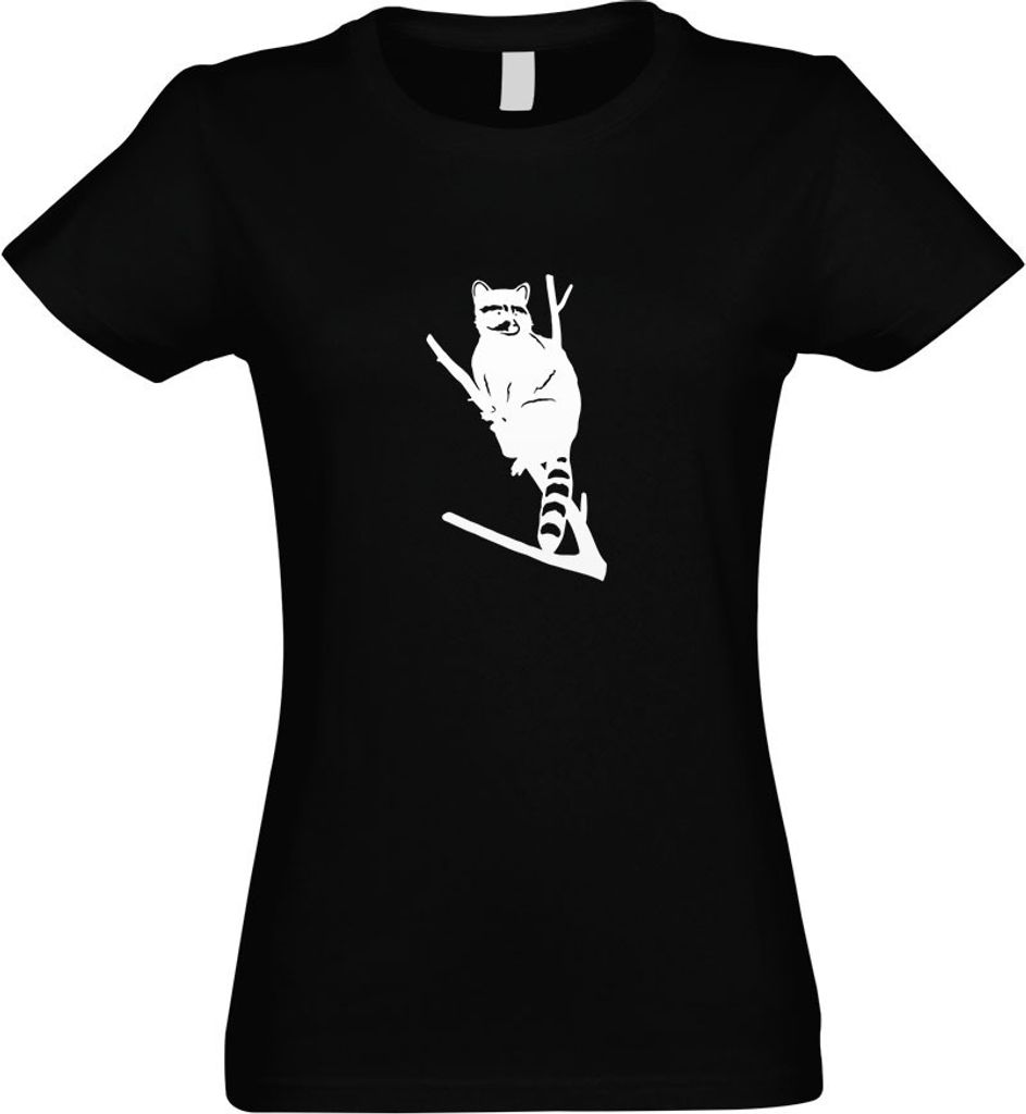 Kiwistar - T-Shirt tailliert - Damen - schwarz - Waschbär Motiv 1 - Pelz - mit Motiv Bedruckt - Funshirt Design - Sport - Freizeit - Damen - L