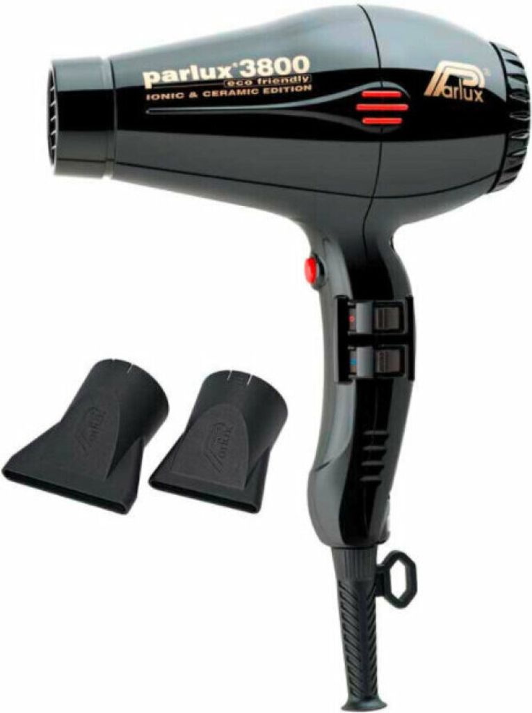 A black Parlux 3800 hair dryer with two attachments.