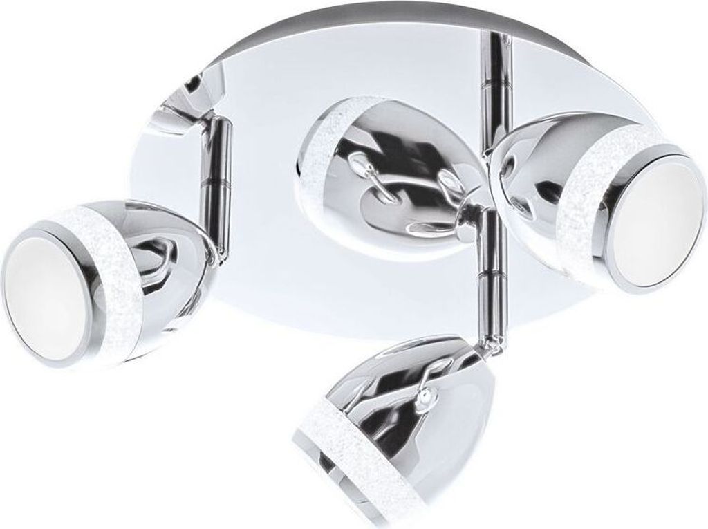 A chrome LED ceiling light with three adjustable spotlights.