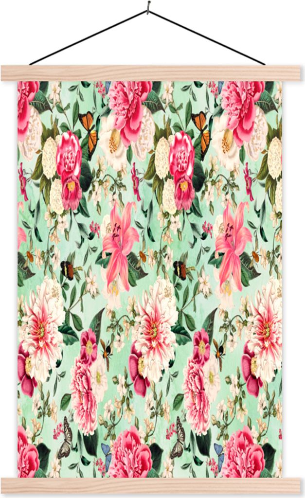 MuchoWow Textilposter Blumen - Lilie - Rosa - Schmetterling 40x60 cm mit holzfarbenen Rahmen - Poster
