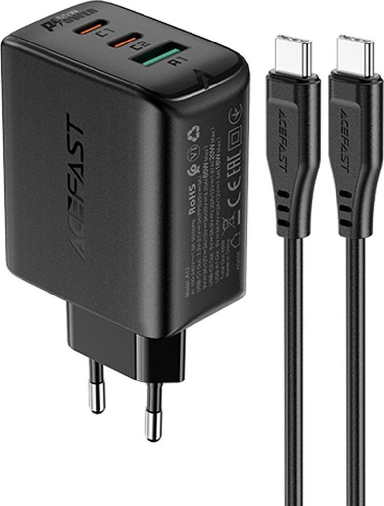 Acefast 2in1 Ladegert 2x USB Type C / USB 65W, PD, QC 3.0, AFC, FCP (Set mit Kabel) schwarz (A13 schwarz)